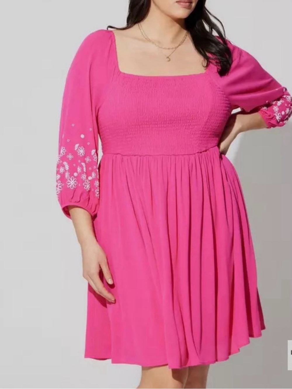 torrid Hot Pink Smocked Square-Neck Mini Dress with Embroidered Sleeves
